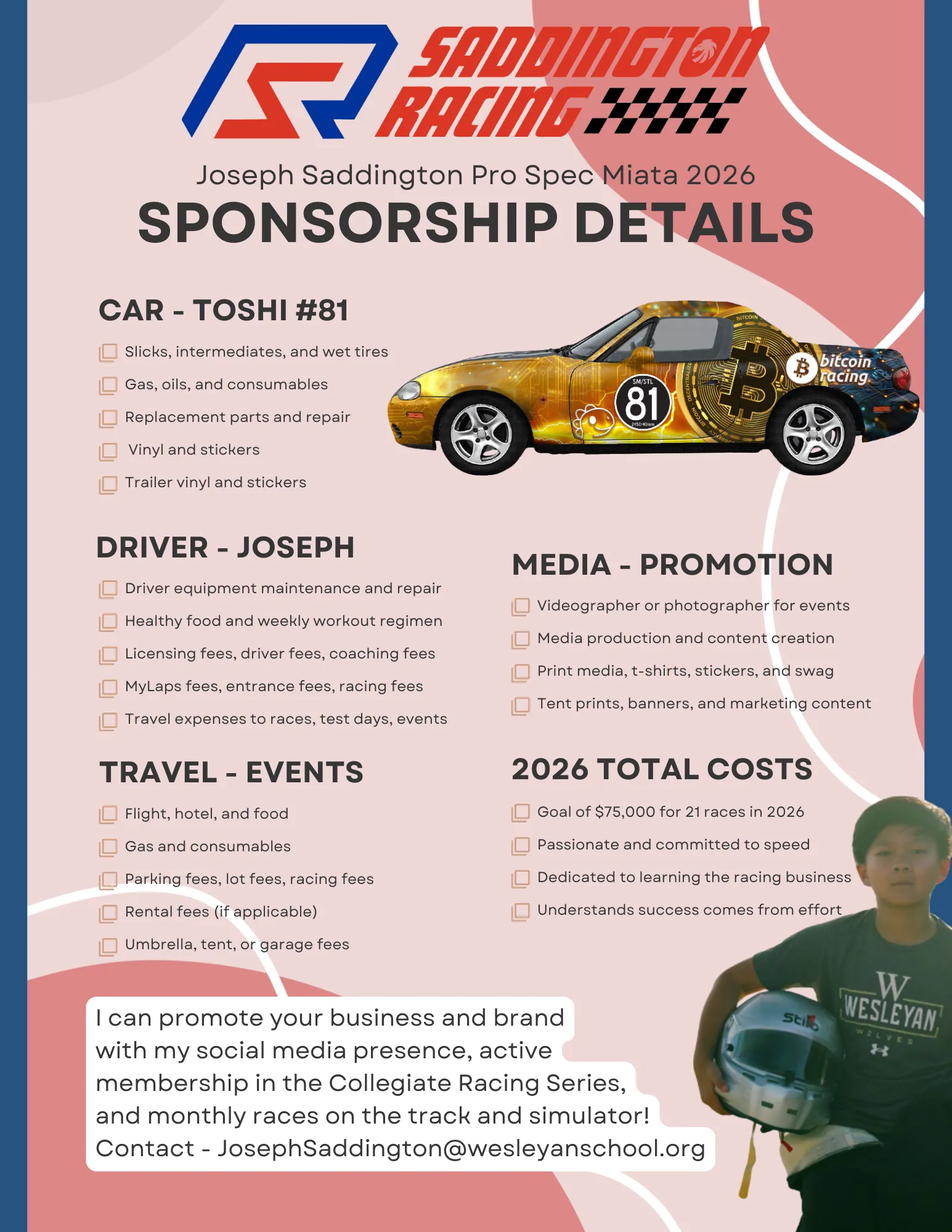 Saddington Racing 2026 sponsorship details — car, driver, travel, media, costs