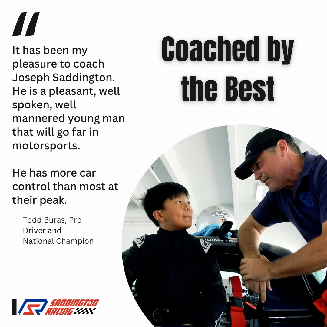 Todd Buras pro driver and national champion testimonial — coached Joseph Saddington youth racing driver